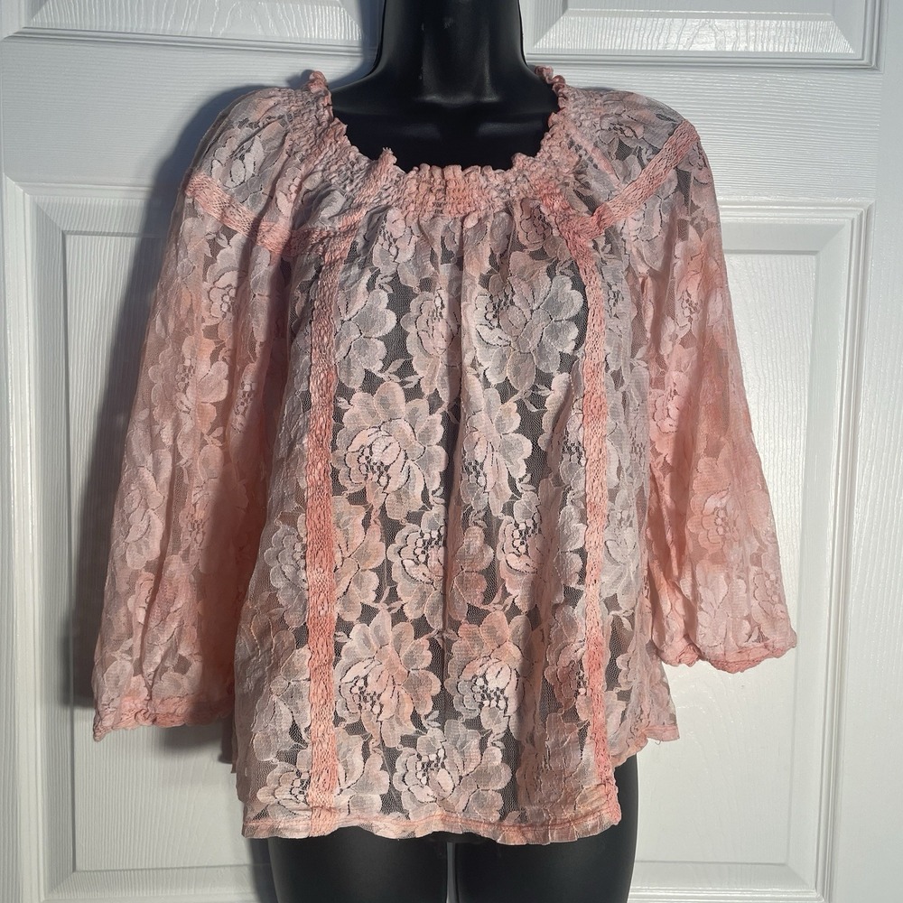 INC International Concepts Lace Shirt Women M Pink Sheer Balletcore Pullover Top